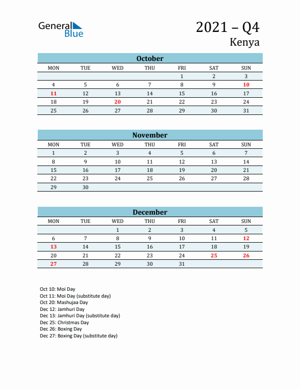 Three-Month Planner for Q4 2021 with Holidays - Kenya