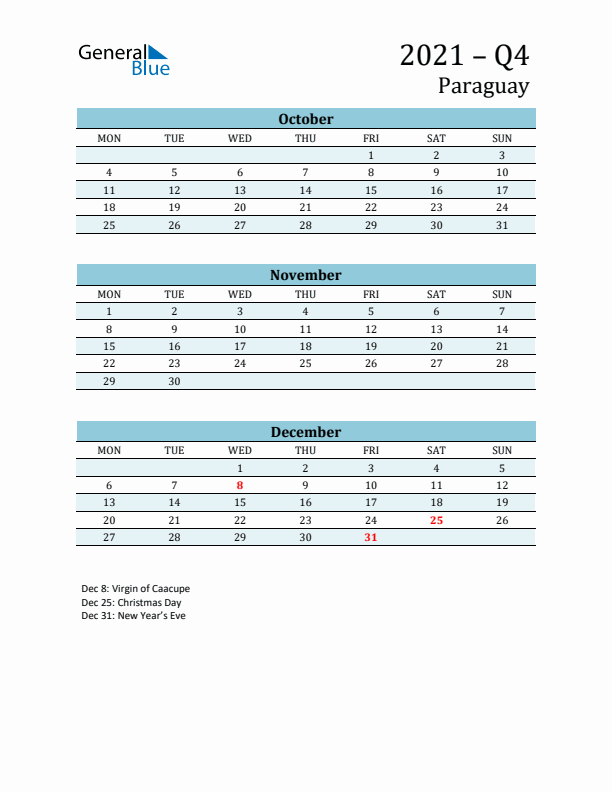 Three-Month Planner for Q4 2021 with Holidays - Paraguay