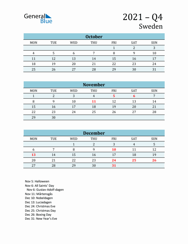 Three-Month Planner for Q4 2021 with Holidays - Sweden