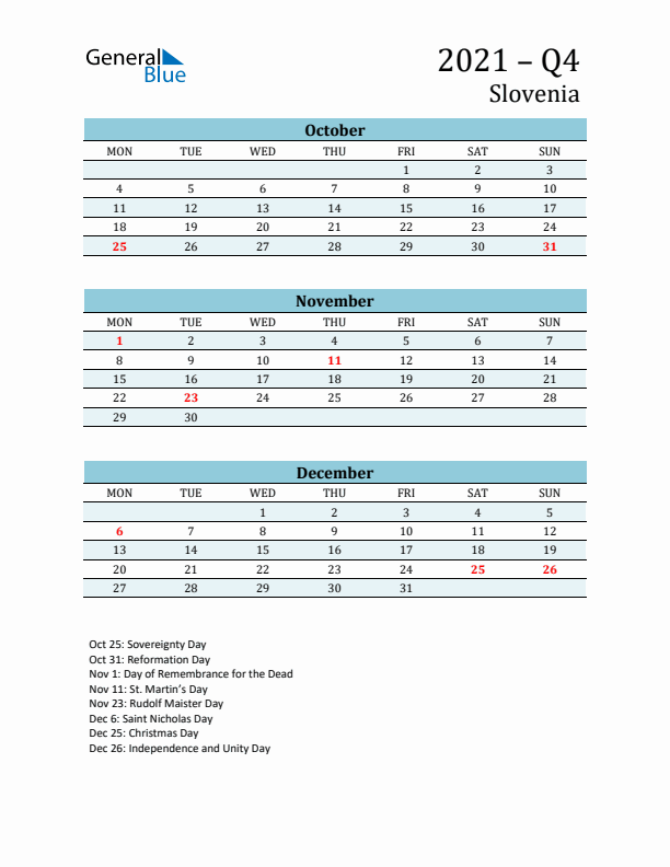 Three-Month Planner for Q4 2021 with Holidays - Slovenia