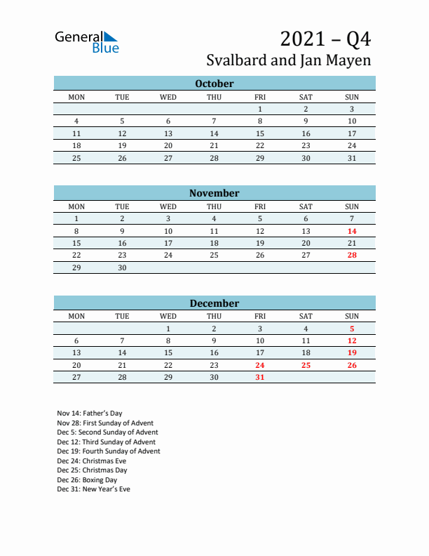 Three-Month Planner for Q4 2021 with Holidays - Svalbard and Jan Mayen