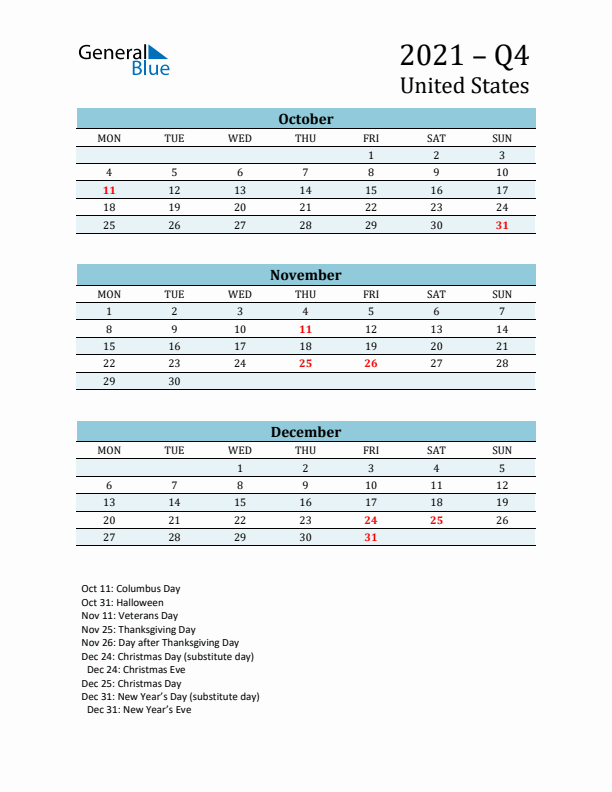 Three-Month Planner for Q4 2021 with Holidays - United States