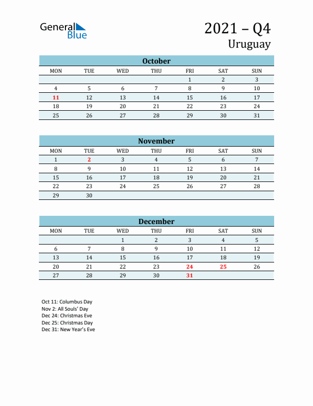 Three-Month Planner for Q4 2021 with Holidays - Uruguay