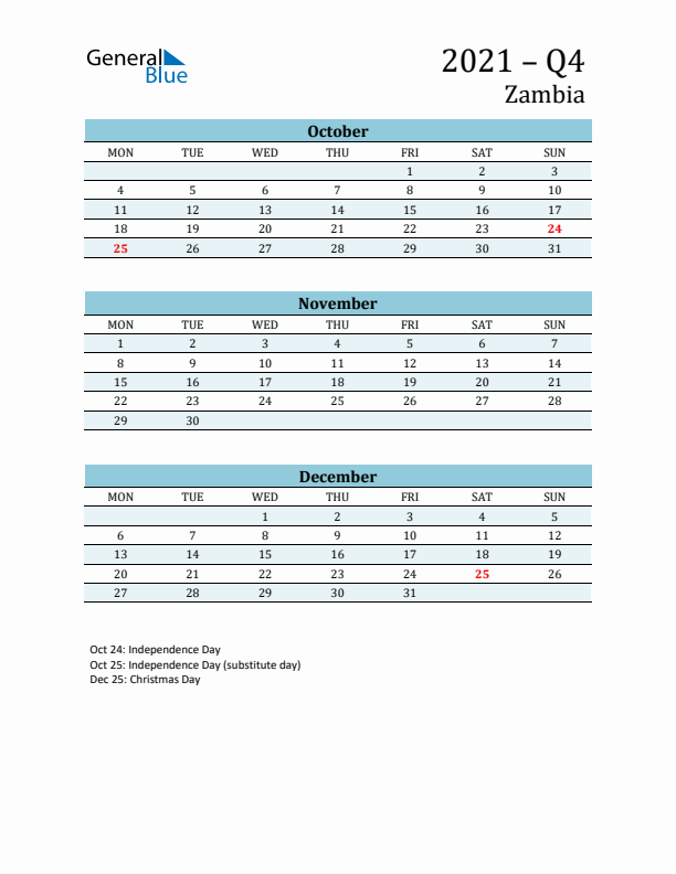 Three-Month Planner for Q4 2021 with Holidays - Zambia