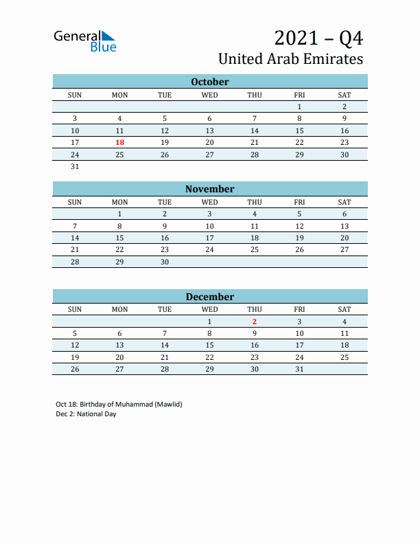 Three-Month Planner for Q4 2021 with Holidays - United Arab Emirates