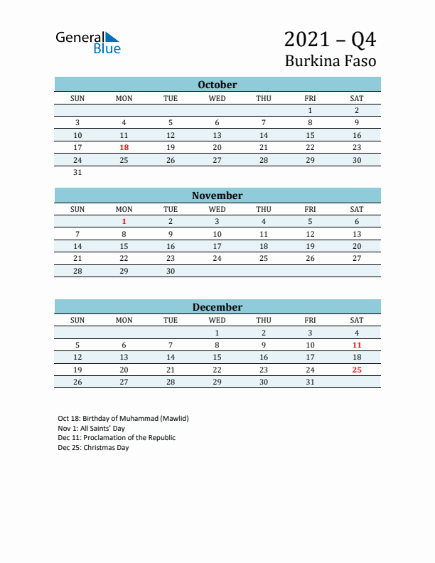 Three-Month Planner for Q4 2021 with Holidays - Burkina Faso