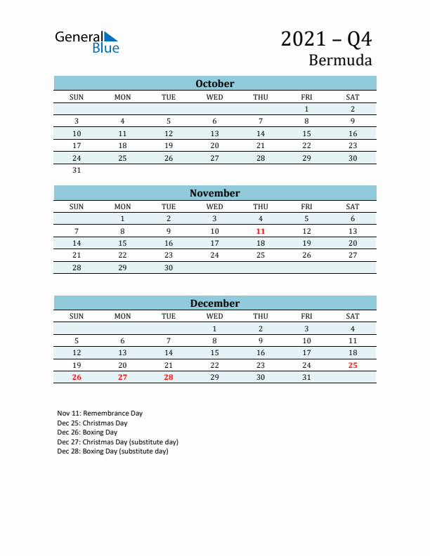 Three-Month Planner for Q4 2021 with Holidays - Bermuda