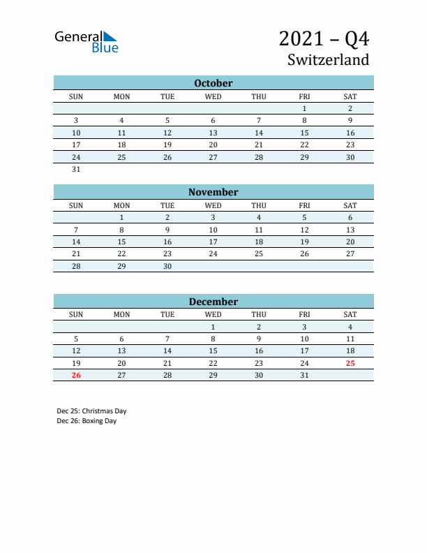 Three-Month Planner for Q4 2021 with Holidays - Switzerland