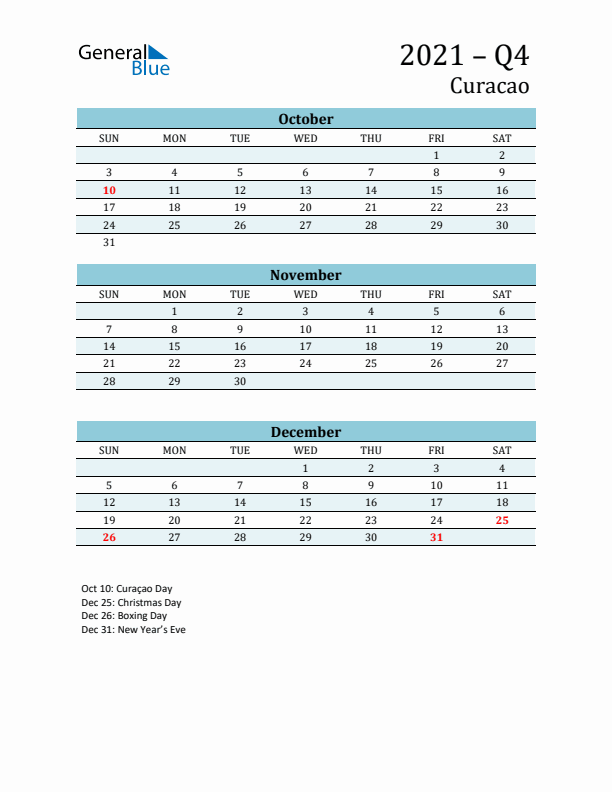 Three-Month Planner for Q4 2021 with Holidays - Curacao