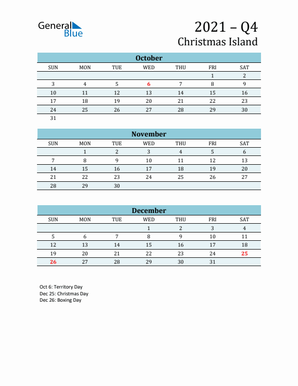 Three-Month Planner for Q4 2021 with Holidays - Christmas Island