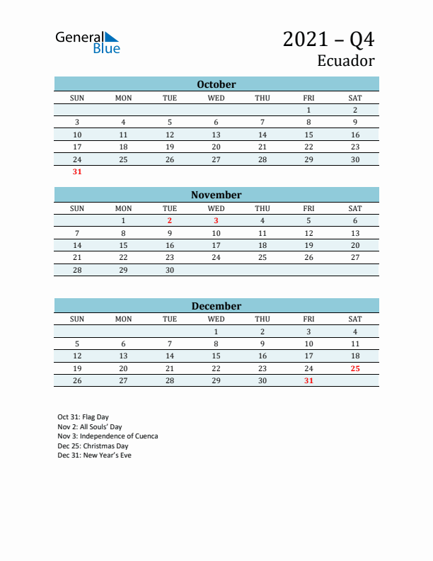 Three-Month Planner for Q4 2021 with Holidays - Ecuador