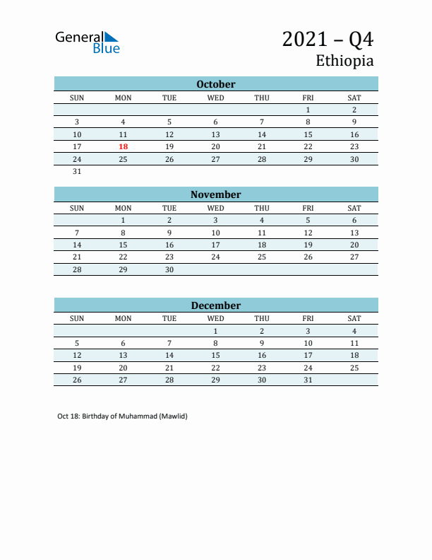 Three-Month Planner for Q4 2021 with Holidays - Ethiopia