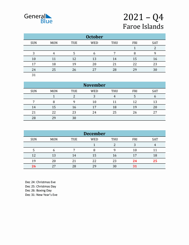 Three-Month Planner for Q4 2021 with Holidays - Faroe Islands