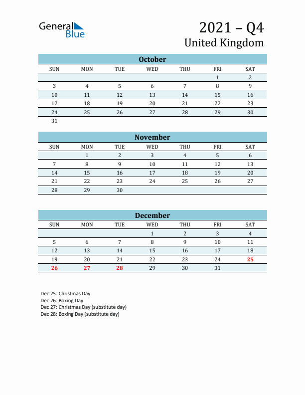 Three-Month Planner for Q4 2021 with Holidays - United Kingdom