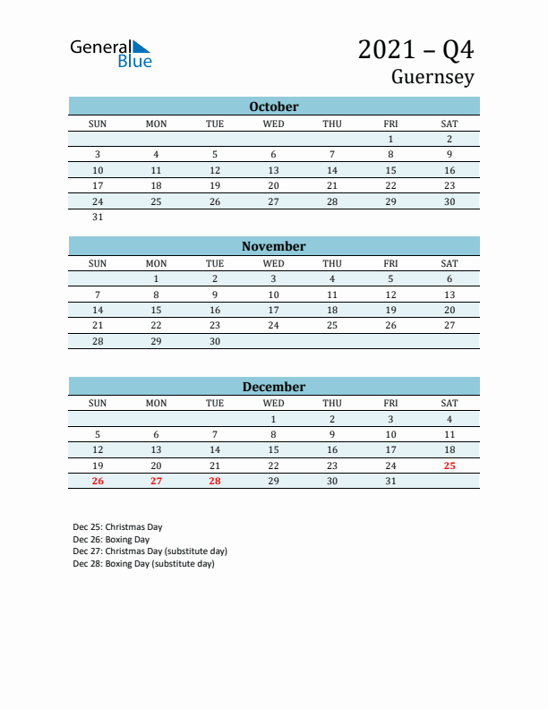 Three-Month Planner for Q4 2021 with Holidays - Guernsey