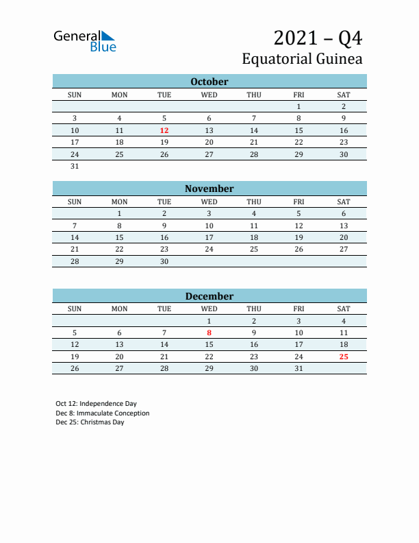 Three-Month Planner for Q4 2021 with Holidays - Equatorial Guinea