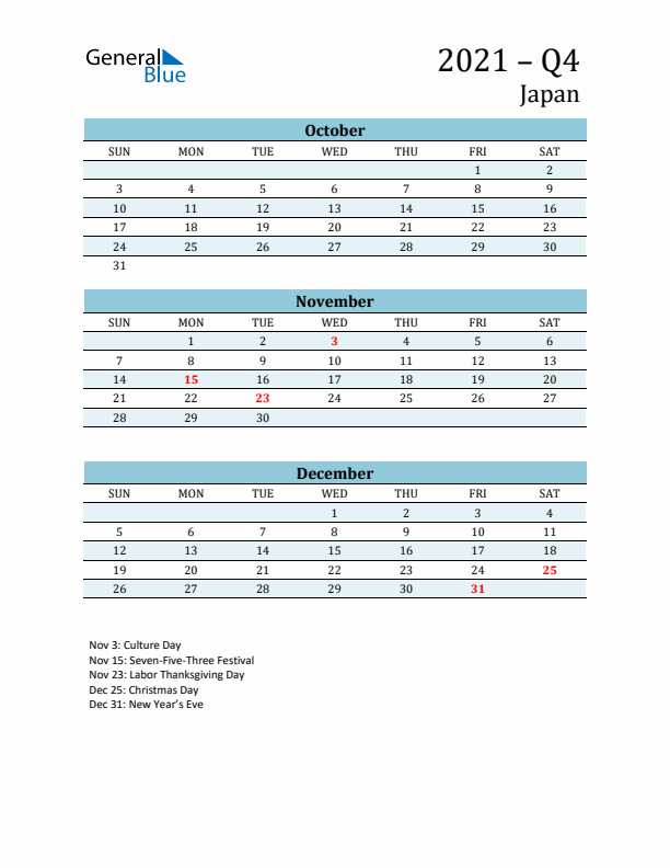 Three-Month Planner for Q4 2021 with Holidays - Japan