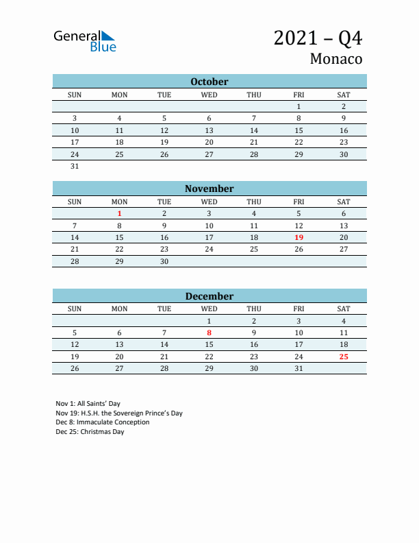 Three-Month Planner for Q4 2021 with Holidays - Monaco