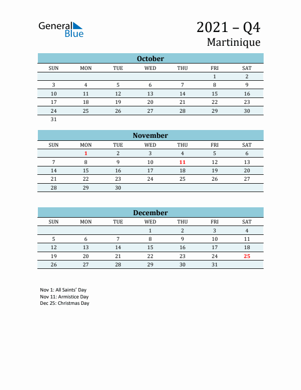 Three-Month Planner for Q4 2021 with Holidays - Martinique