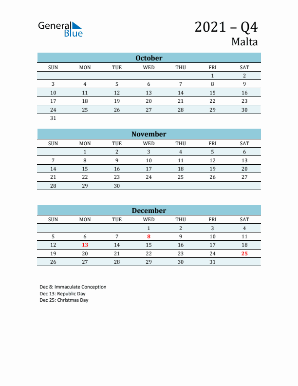 Three-Month Planner for Q4 2021 with Holidays - Malta