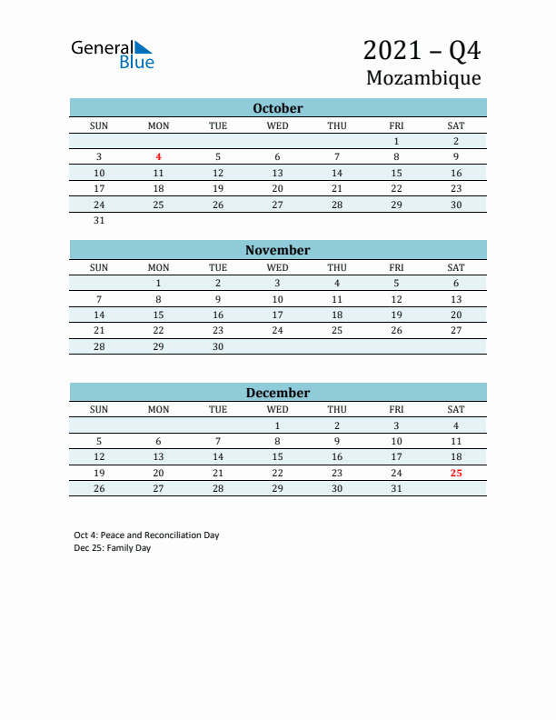 Three-Month Planner for Q4 2021 with Holidays - Mozambique