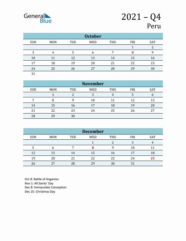 Three-Month Planner for Q4 2021 with Holidays - Peru