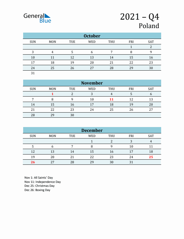 Three-Month Planner for Q4 2021 with Holidays - Poland