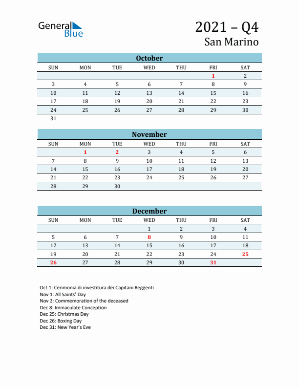 Three-Month Planner for Q4 2021 with Holidays - San Marino