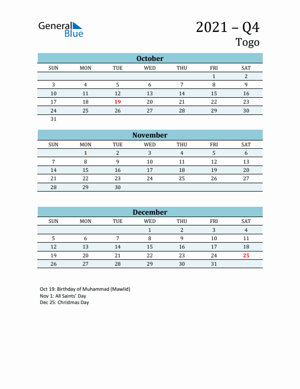 Three-Month Planner for Q4 2021 with Holidays - Togo