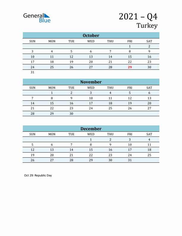 Three-Month Planner for Q4 2021 with Holidays - Turkey