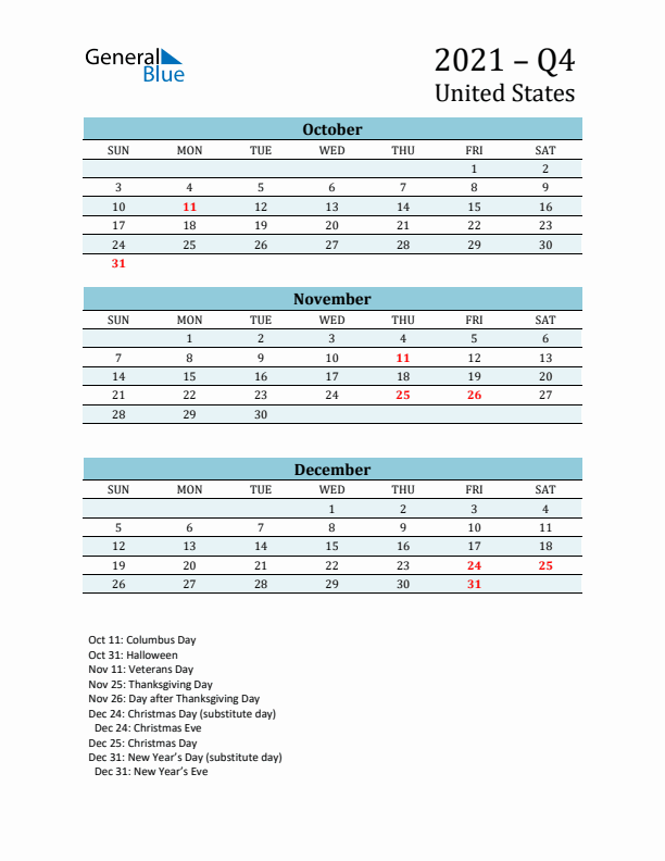 Three-Month Planner for Q4 2021 with Holidays - United States