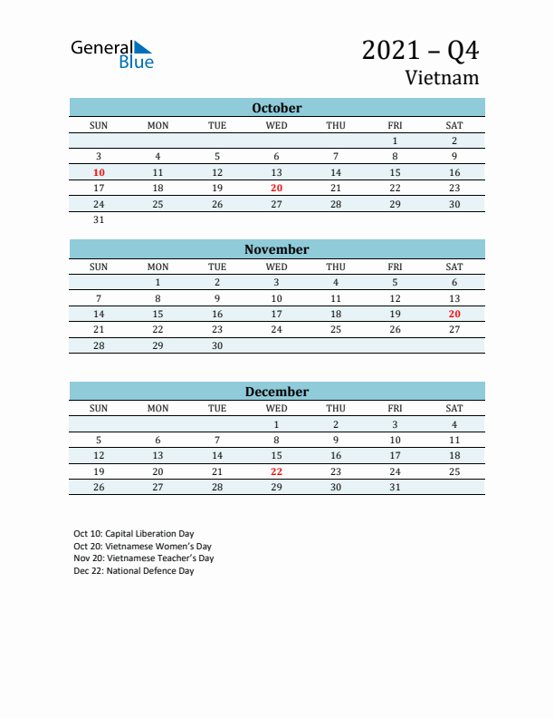 Three-Month Planner for Q4 2021 with Holidays - Vietnam