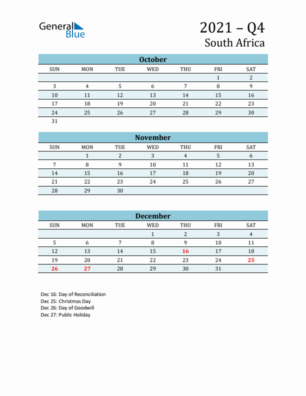 Three-Month Planner for Q4 2021 with Holidays - South Africa