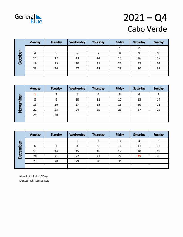 Free Q4 2021 Calendar for Cabo Verde - Monday Start