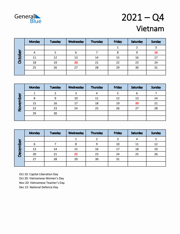 Free Q4 2021 Calendar for Vietnam - Monday Start