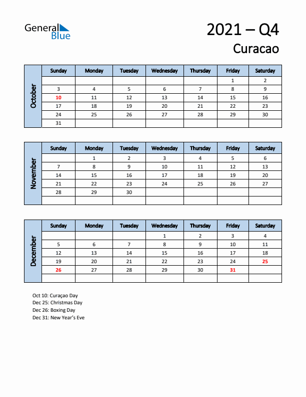 Free Q4 2021 Calendar for Curacao - Sunday Start