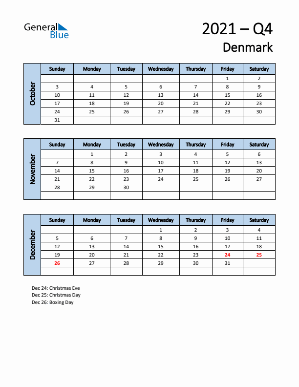 Free Q4 2021 Calendar for Denmark - Sunday Start