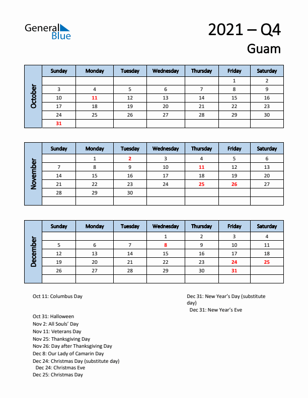 Free Q4 2021 Calendar for Guam - Sunday Start