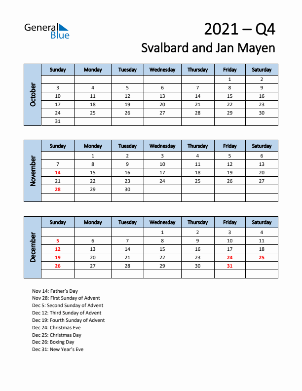 Free Q4 2021 Calendar for Svalbard and Jan Mayen - Sunday Start