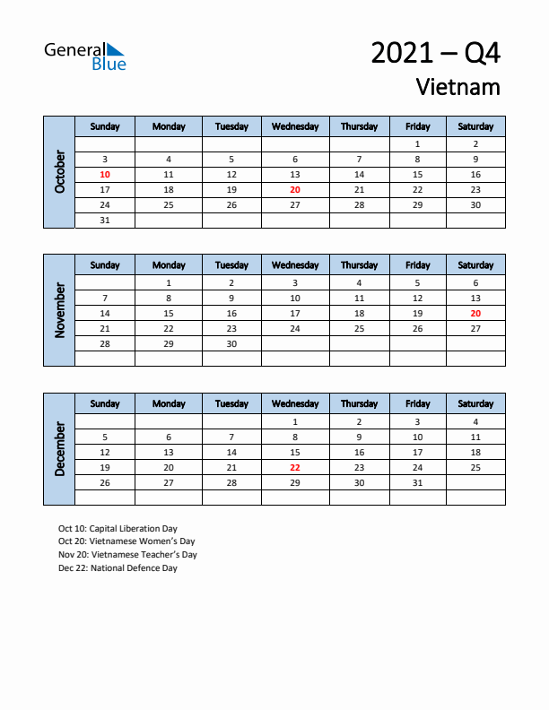 Free Q4 2021 Calendar for Vietnam - Sunday Start