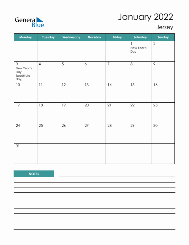 Calendar with Notes Printable - Monday Start