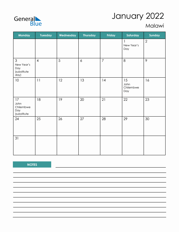 Calendar with Notes Printable - Monday Start