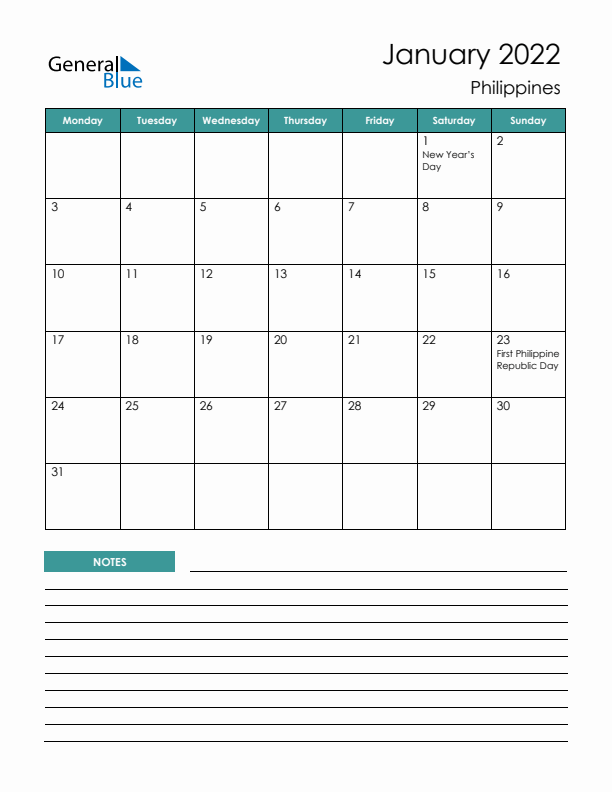 Calendar with Notes Printable - Monday Start