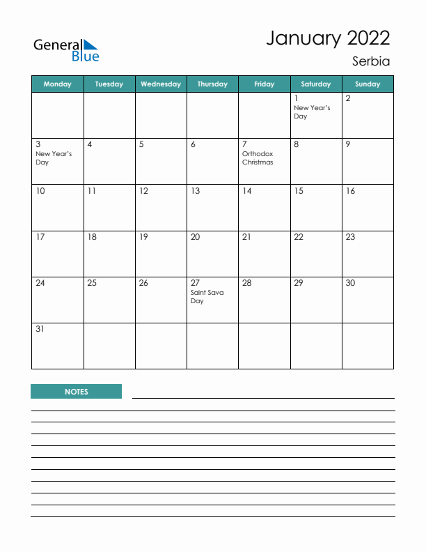 Calendar with Notes Printable - Monday Start