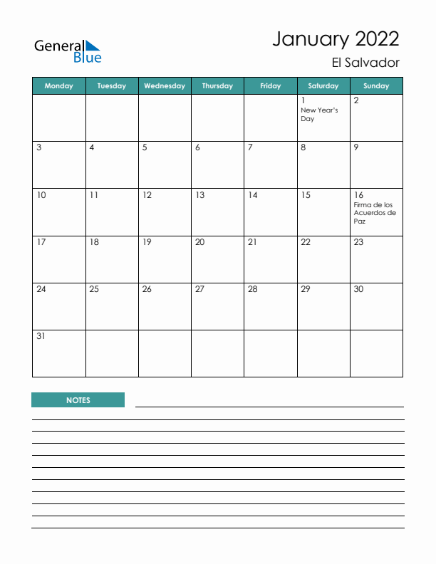 Calendar with Notes Printable - Monday Start