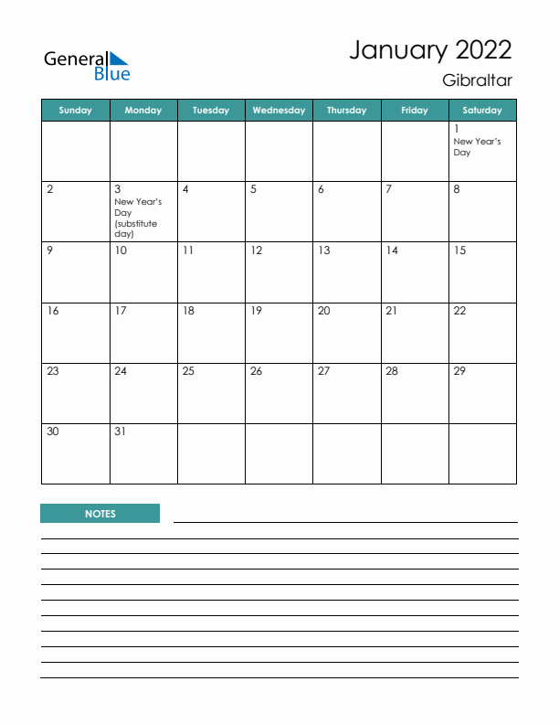 Calendar with Notes Printable - Sunday Start