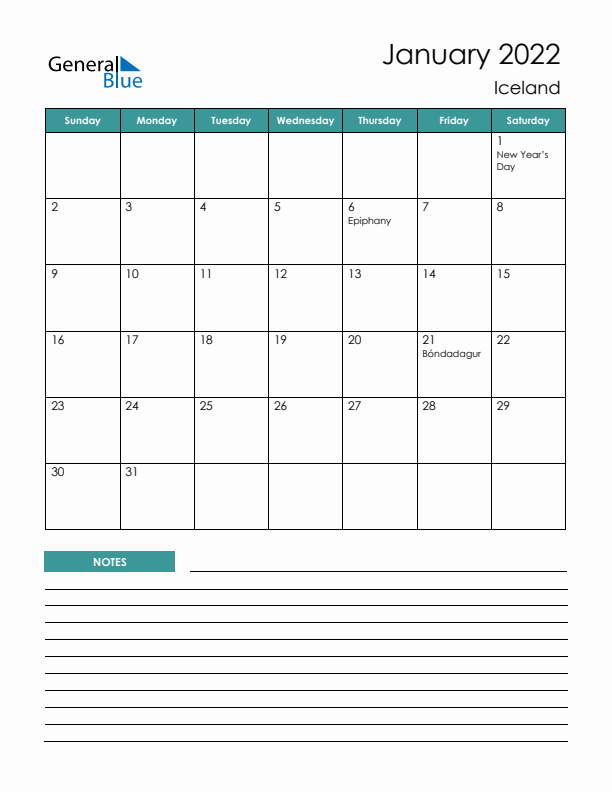 Calendar with Notes Printable - Sunday Start