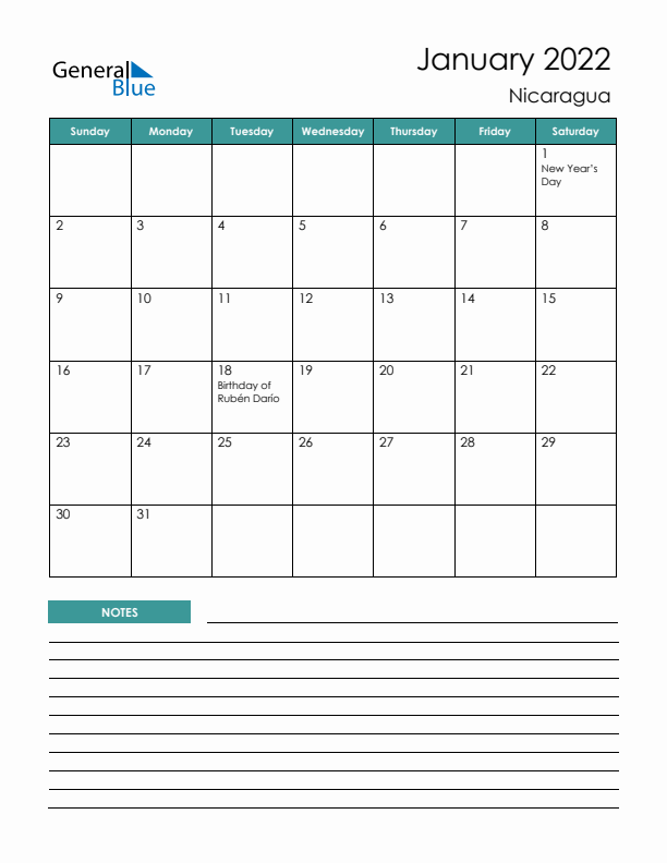 Calendar with Notes Printable - Sunday Start