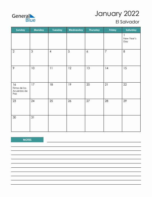 Calendar with Notes Printable - Sunday Start