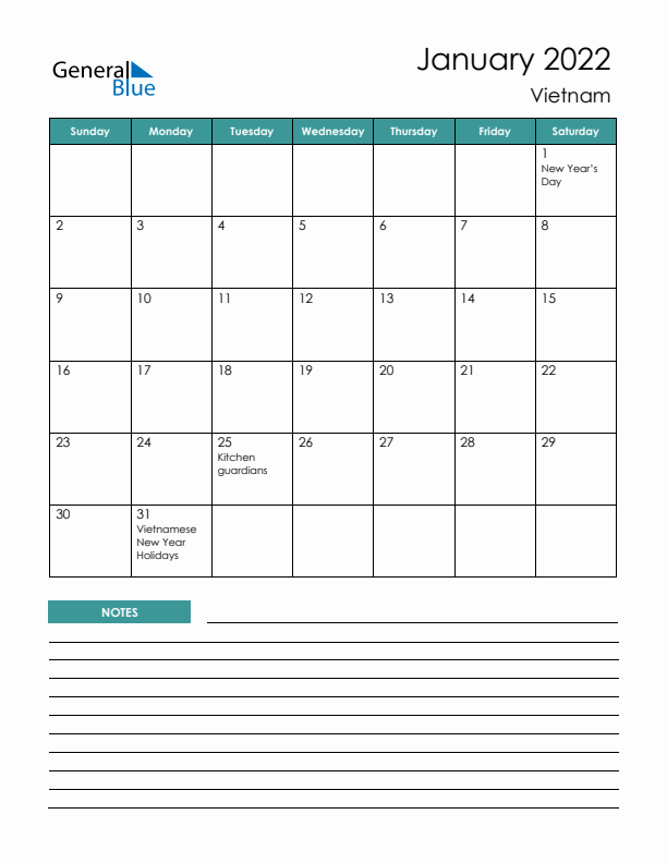 Calendar with Notes Printable - Sunday Start